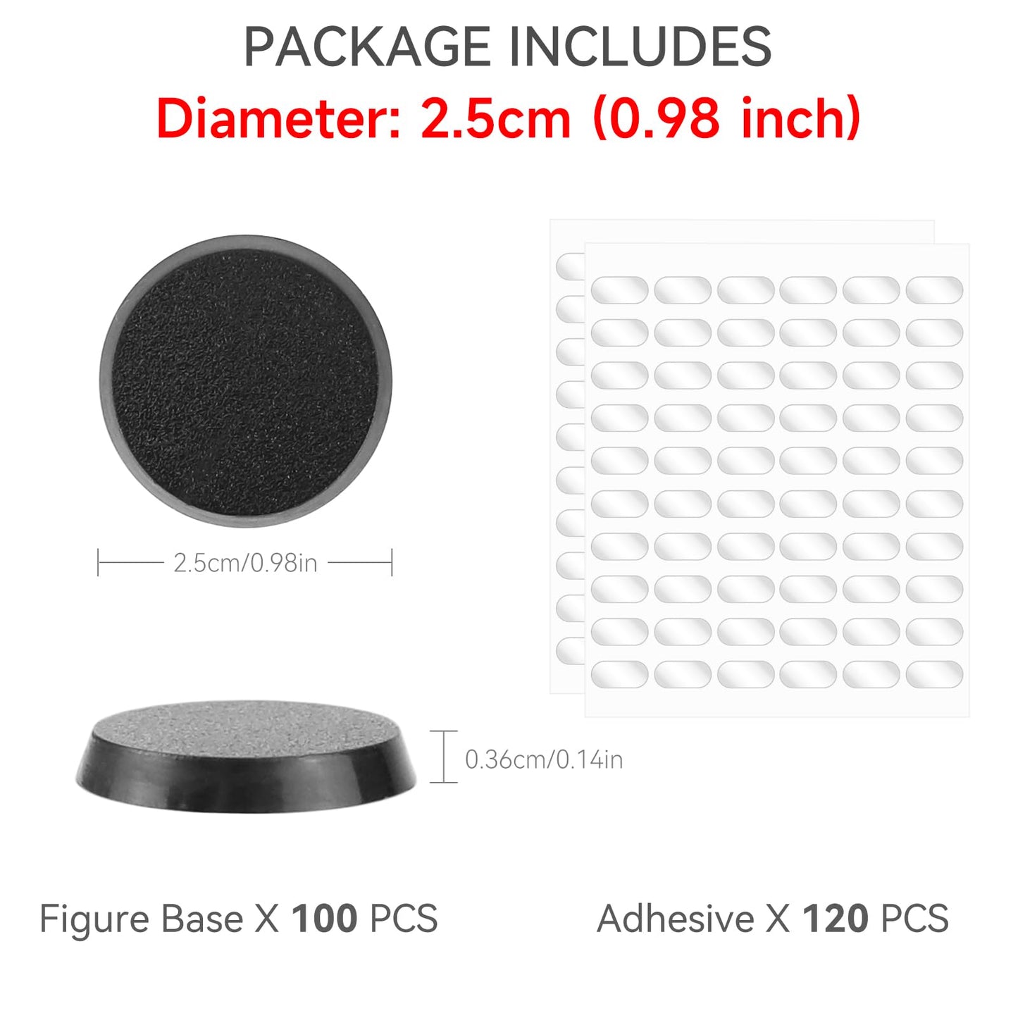 TITAWU 100PCS Miniature Bases+120PCS Adhesive, 25mm/0.98inch Textured Plastic Black Round Model Base for Gaming Miniatures or Wa
