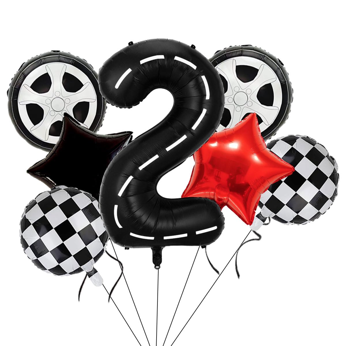 Eostankr Race Car Birthday Balloons - 40" Black Number 2 Mylar Balloon, 7 Pcs, Race Car Theme Party Decor