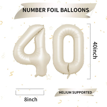 Biapian 40 Inch Cream Number 40 Balloon, 40Th Birthday Balloons, Big Digital 40 Beige White Giant 40 Foil Balloon Helium For Men