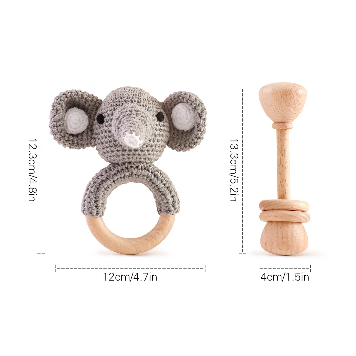 Wooden Baby Rattle Crochet Elephant And Wooden Rattle Baby Toys Set 2Pcs Handmade Newborn Toy Early Development Grips Stuffed An