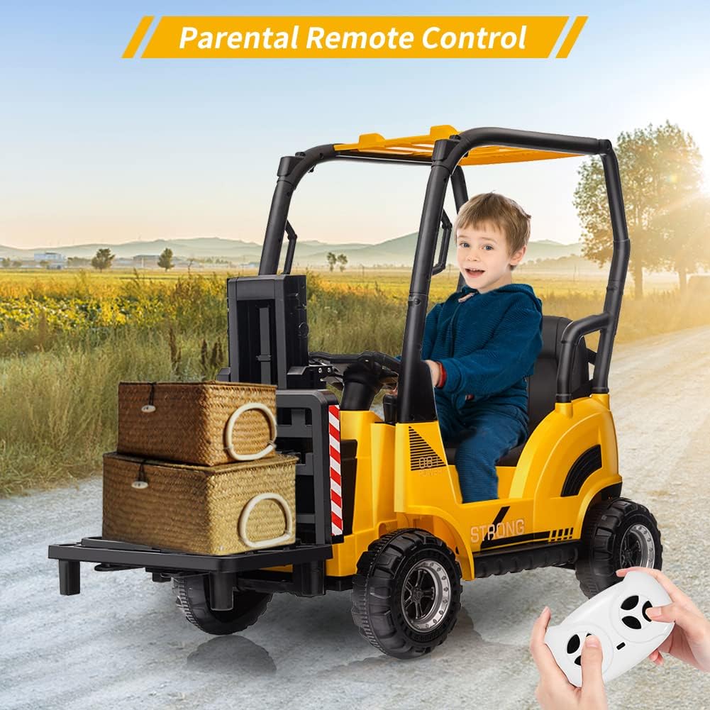 12V Kids Ride On Forklift Car With Tent, Toddles Electric Construction Car With Remote Control, Lifting Fork And Pallet, Low-Pow