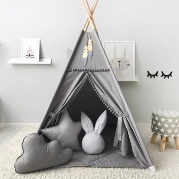 Rongfa Kids Teepee Tent With White Pom Pom - Indoor Play Teepee For Children Boys Portable Play House (Grey)