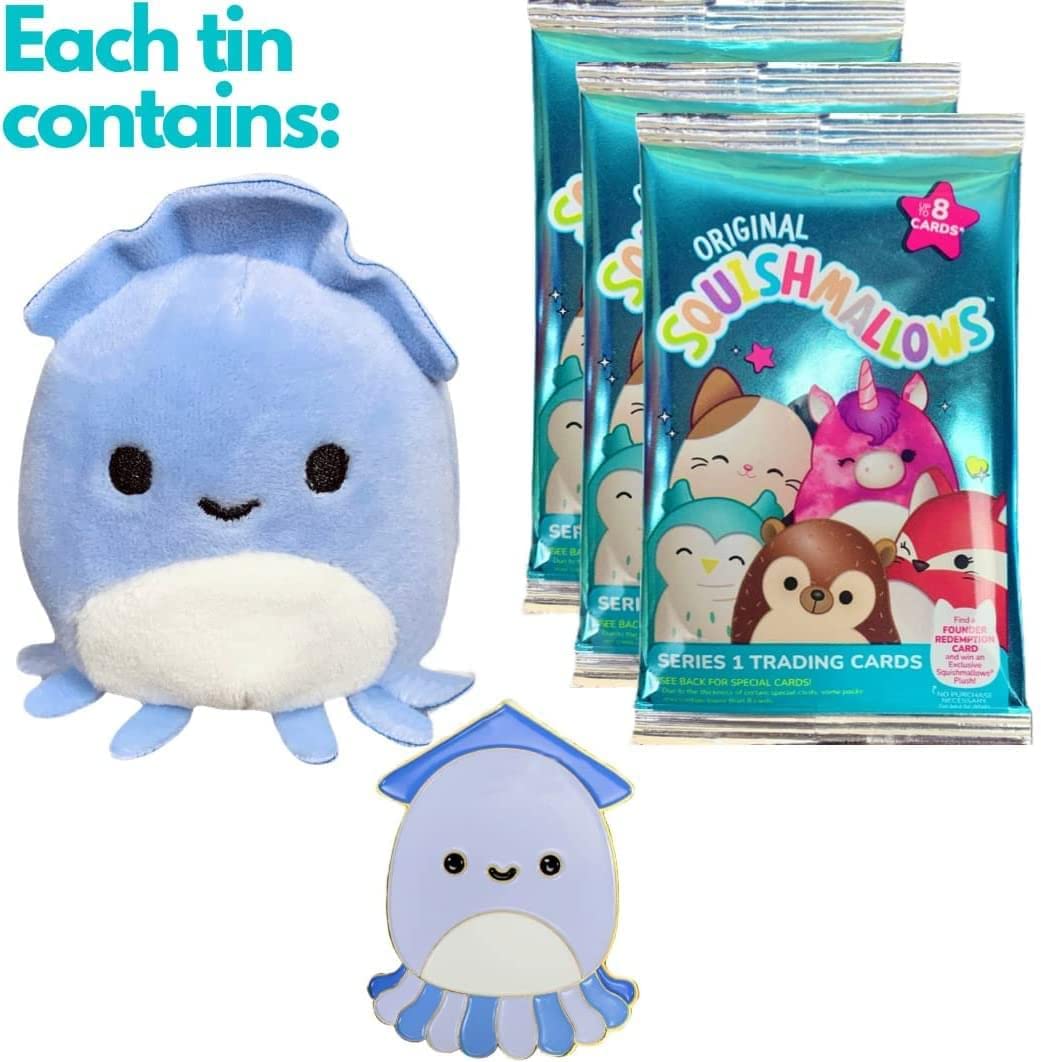 Squishmallows Official Kellytoy Collector 's Tin Set with Micromallow limited availability Pin and Trading Cads Choose Your Favorite or Collect Them All (Stacy The Squid)