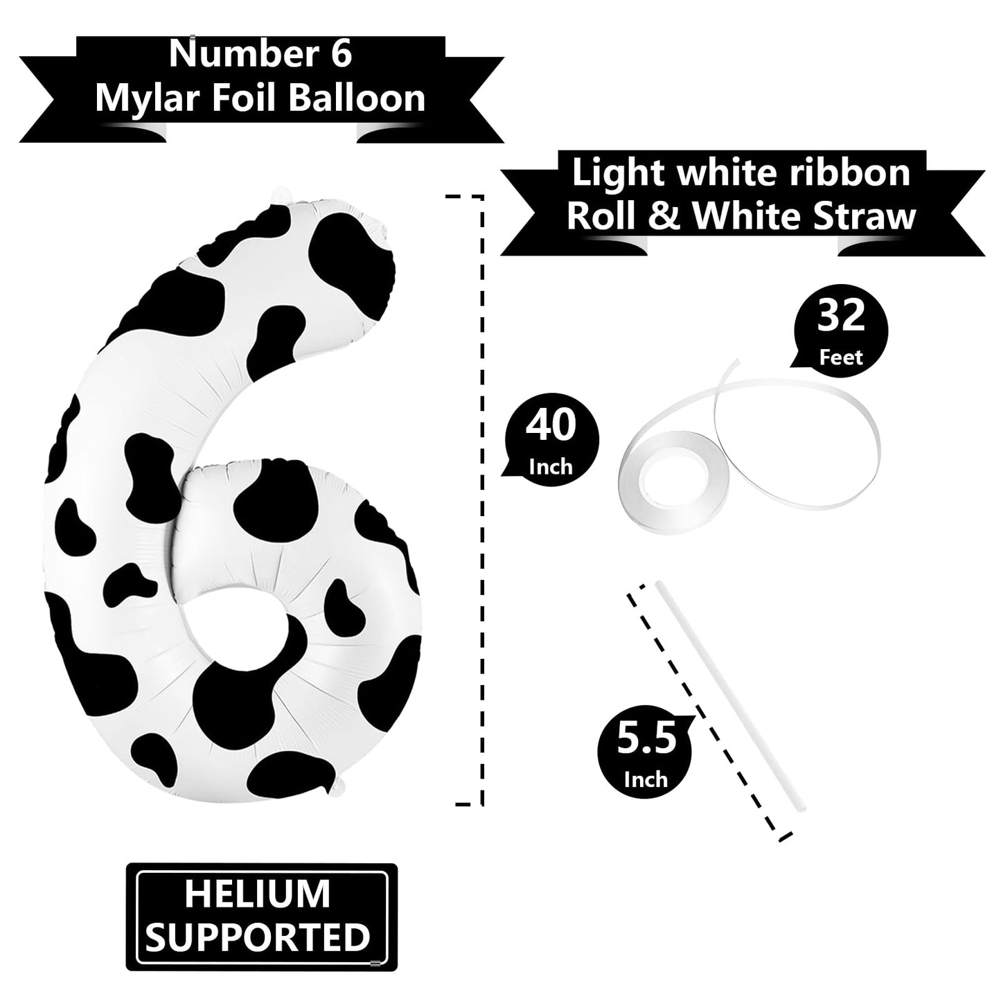 Sinbee Cow Print 40 Inch Balloon, Number 6, For Birthday Decorations, Reusable, Unisex, Children'S Party Decor