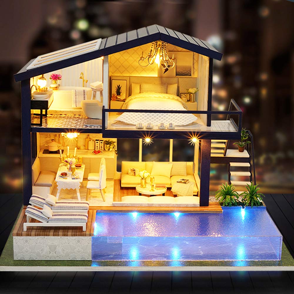 Spilay Dollhouse Miniature with Furniture DIY Wooden Crafts Doll House Mini Handmade Kit 1:24 Scale Creative Room Idea Gift for mature-themed Friend Lover (Time Apartment with dust Cover Music Box)
