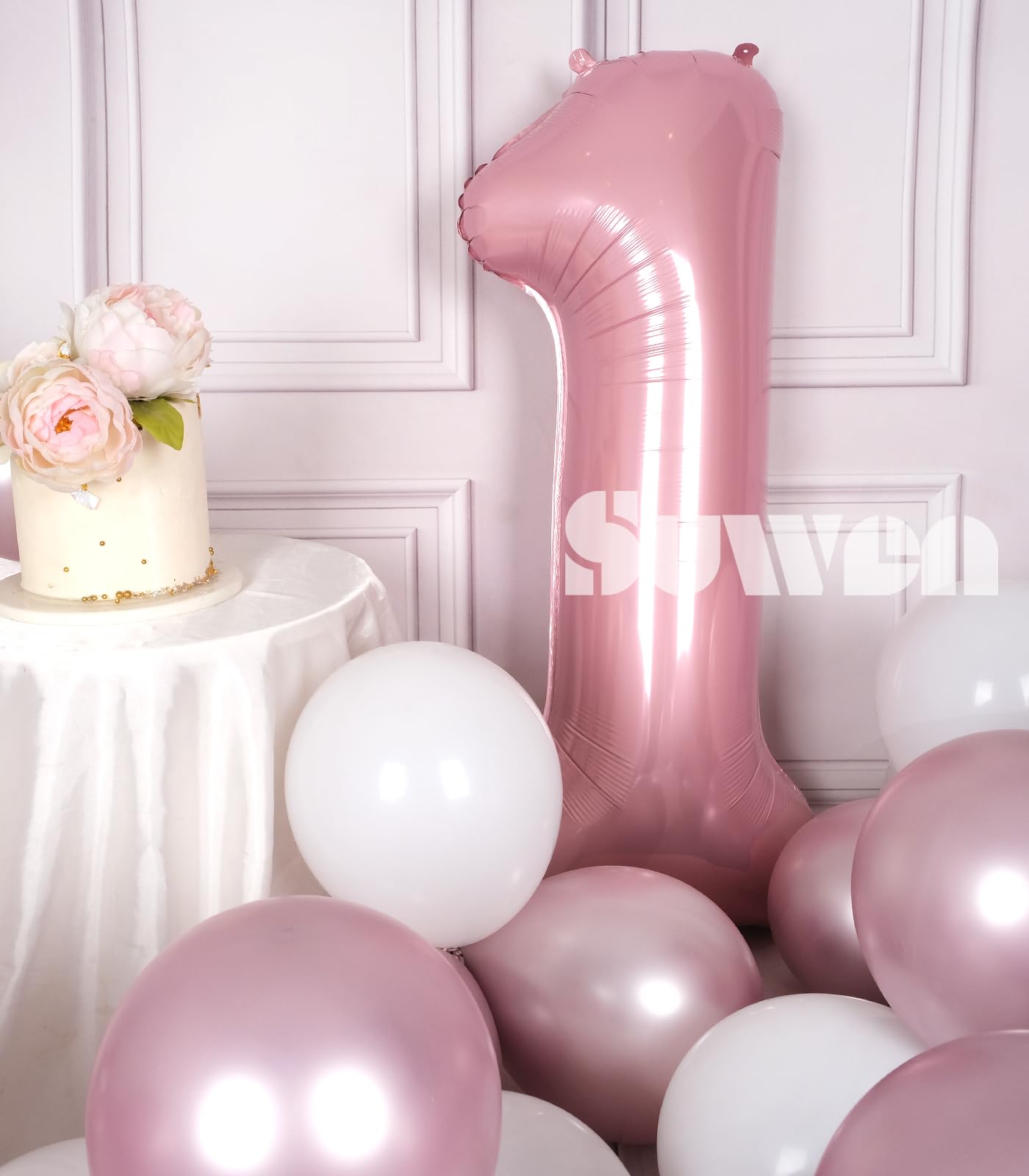 Suwen 40 Inch Pink Large 1 Balloon Numbers Big Foil Helium Number Balloons 0-9 Jumbo Happy 1St Mylar Birthday Party Decorations