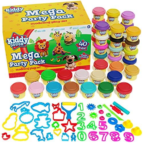 Kiddy Dough 40 Pack Of Birthday Party Favors Bulk Dough & Clay Pack - Includes Molded Animal Shaped Lids + 40 Shapes & Numbers D
