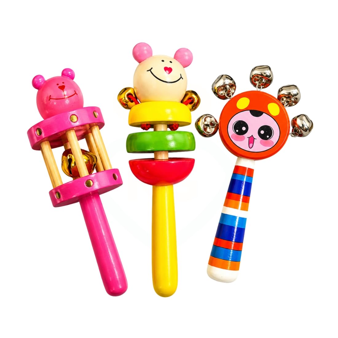 Wooden Baby Rattle Toys Combo Set Of 3 | Handmade Wooden Bell & Stick Rattle Toys For Babies | Colorful Infant Sensory Toys For 