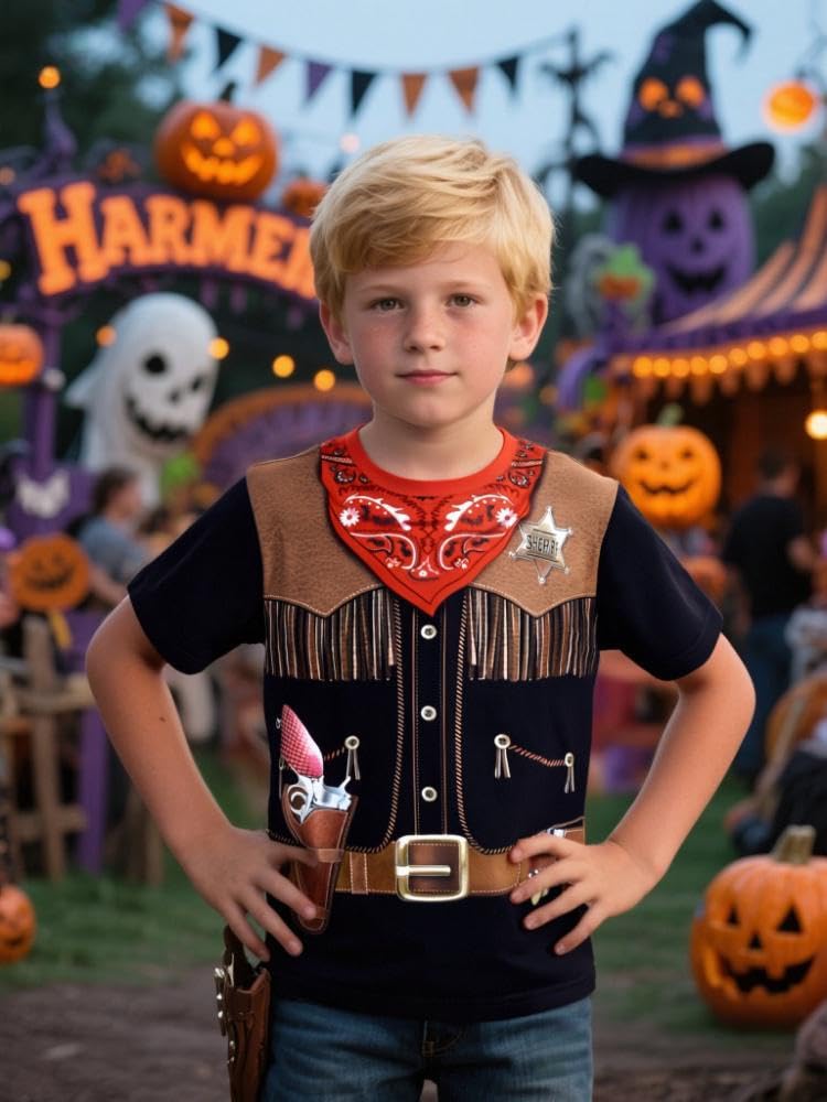 Cosland Cowboy Costume For Boy Kids Western Tees Halloween Shirt, Brown, Medium