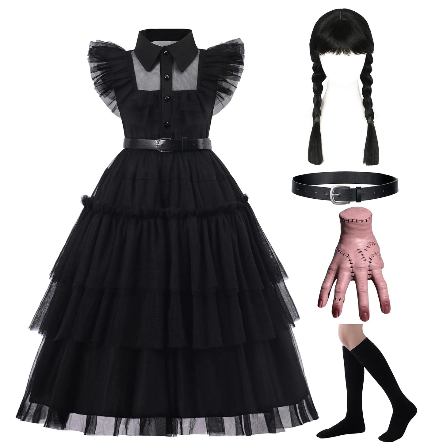 Ruxinrua Black Costume Dress, 4-13 Years Girls Outfits With Accessories Dress Up Set, Family Halloween Cosplay Party (11-12 Years)