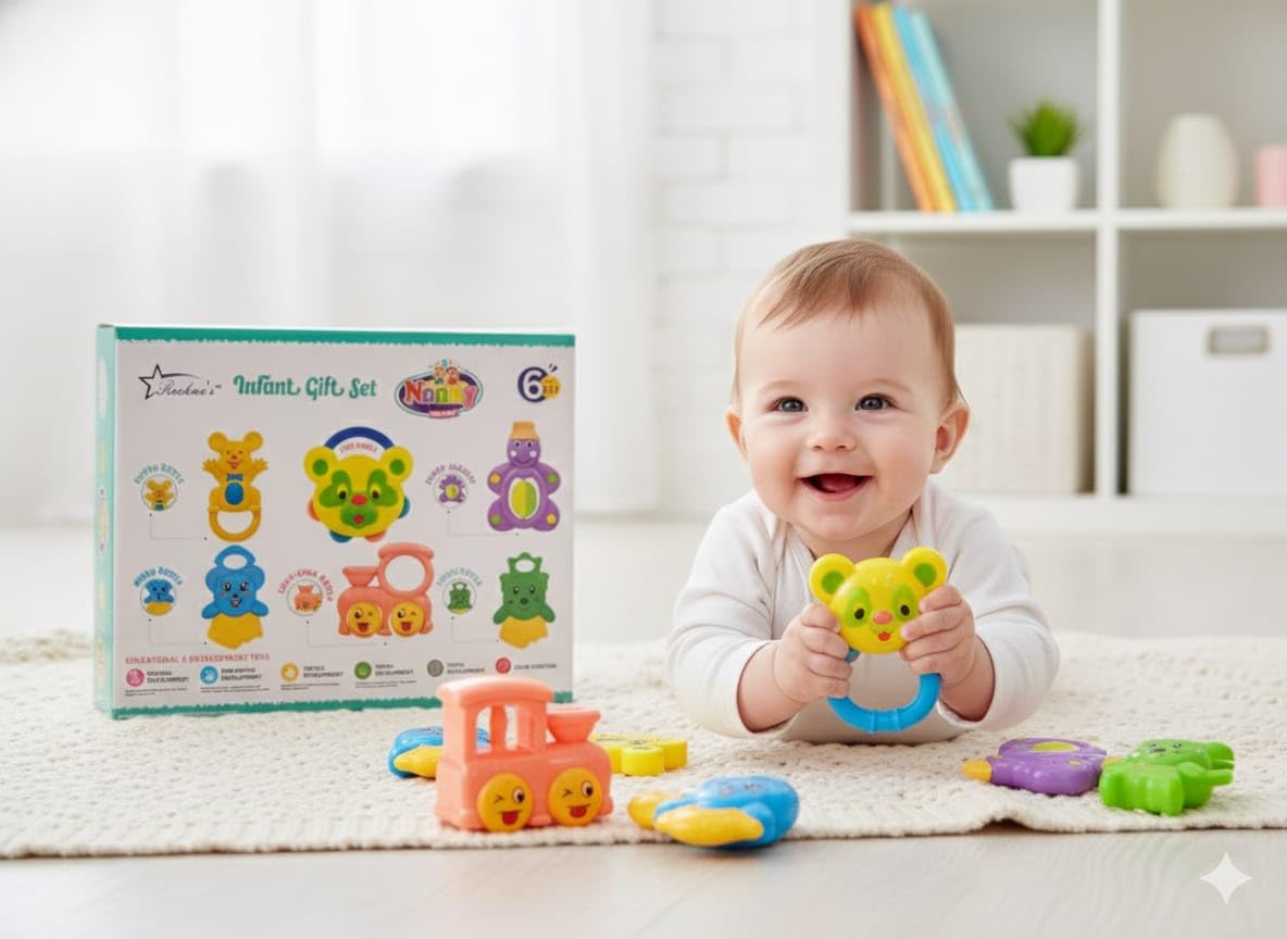 Kaztel Baby Rattle & Teether Set For Newborns | BpaFree, Safe & NonToxic | Sensory Development Toys For Infants (0+ Months) | 