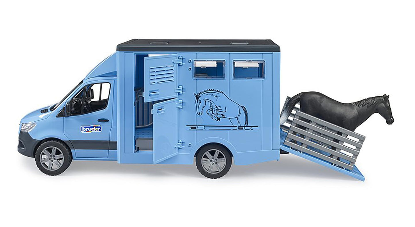 Bruder MB Sprinter Animal Transporter with Horse - Plastic, Cyan, Model 02674