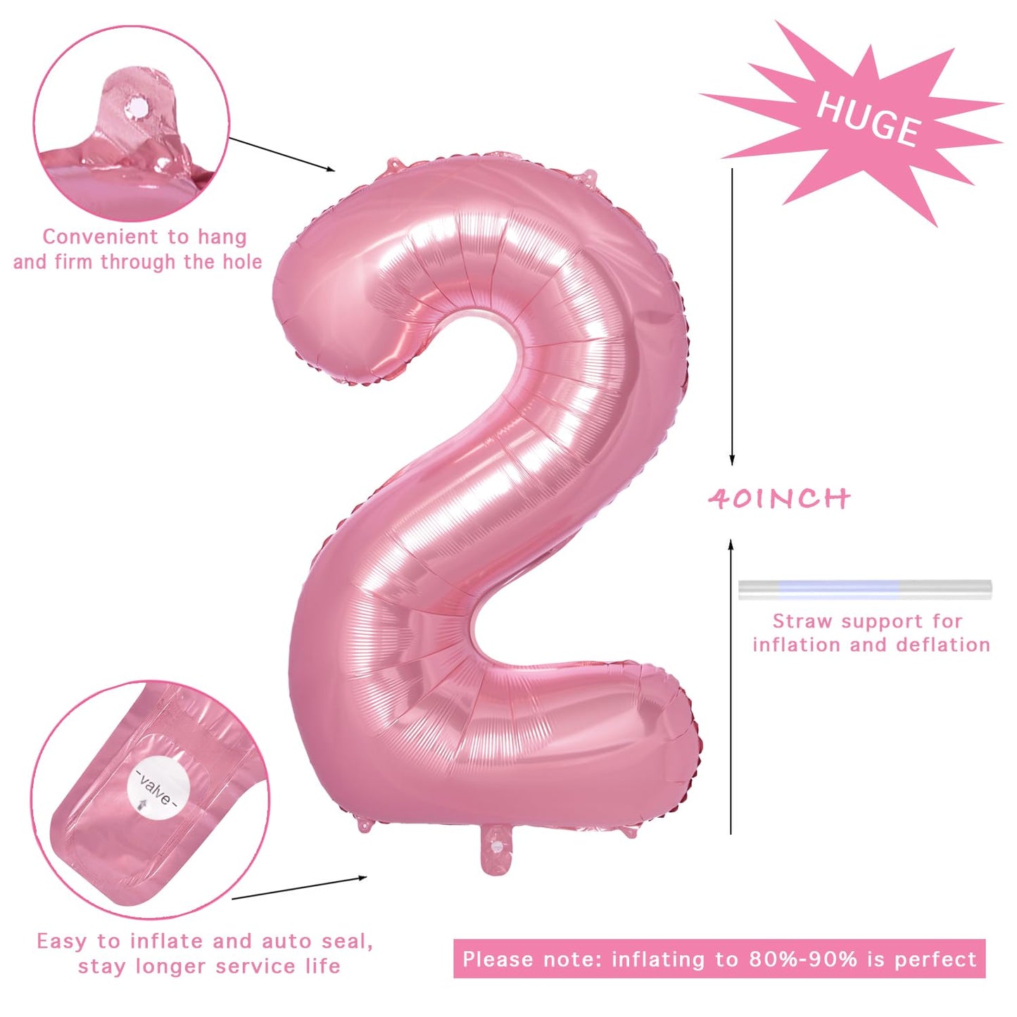 Vonokee 40 Inch Pink Giant Number Balloons 2, Jumbo Digital Foil Mylar Balloon For Birthday Party Wedding Anniversary Celebratio