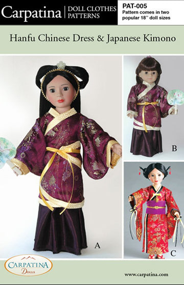 Hanfu Chinese Dress And Kimono Pattern Multi-Sized For 18'' American Girl Dolls And For 18'' Slim Carpatina Dolls