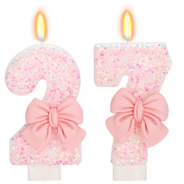 ElekFX 27th Birthday Candles for Cake, Pink Bow Number Cake Candles, 2.76 inch Number Happy Birthday Candle, Cake Topper Decorat