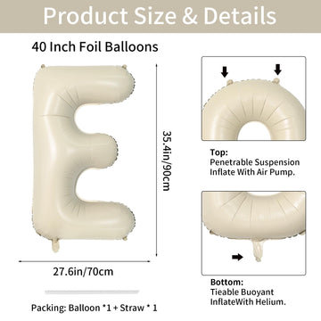 Biapian 40 Inch Letter E Balloons, Giant Cream E Foil Balloon, Big Single Alphabet A-Z Balloons, Beige Large Aluminum E Balloons