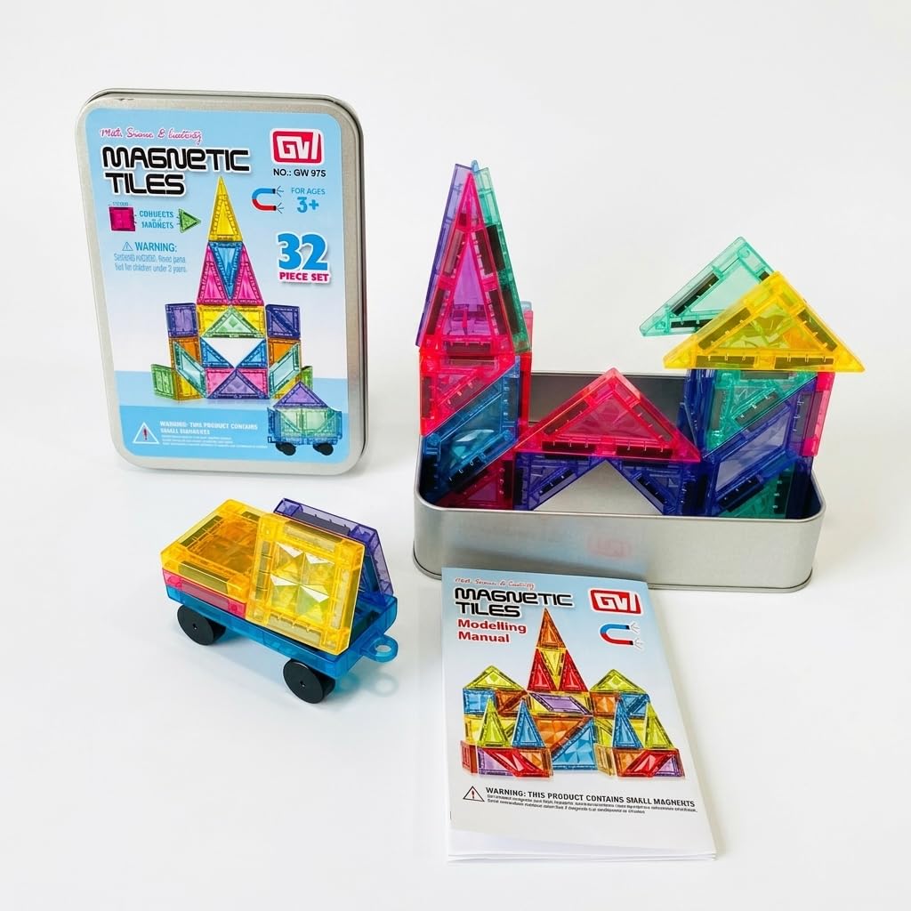 Peppypod Mini Magnetic Tiles  32 Pcs With Car | Age 3 4 5 6 7 Years | Tin Storage Case | Stem Building Toy | Educational | Cons