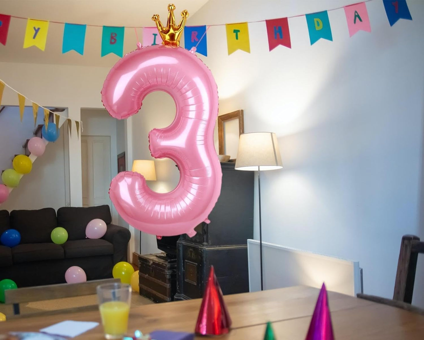 40 Inch Crown Pink Number 3 Balloon, Big Conjoined Baby Pink Foil Mylar Helium 3 Balloon For Girls 3Rd Birthday Party Decoration