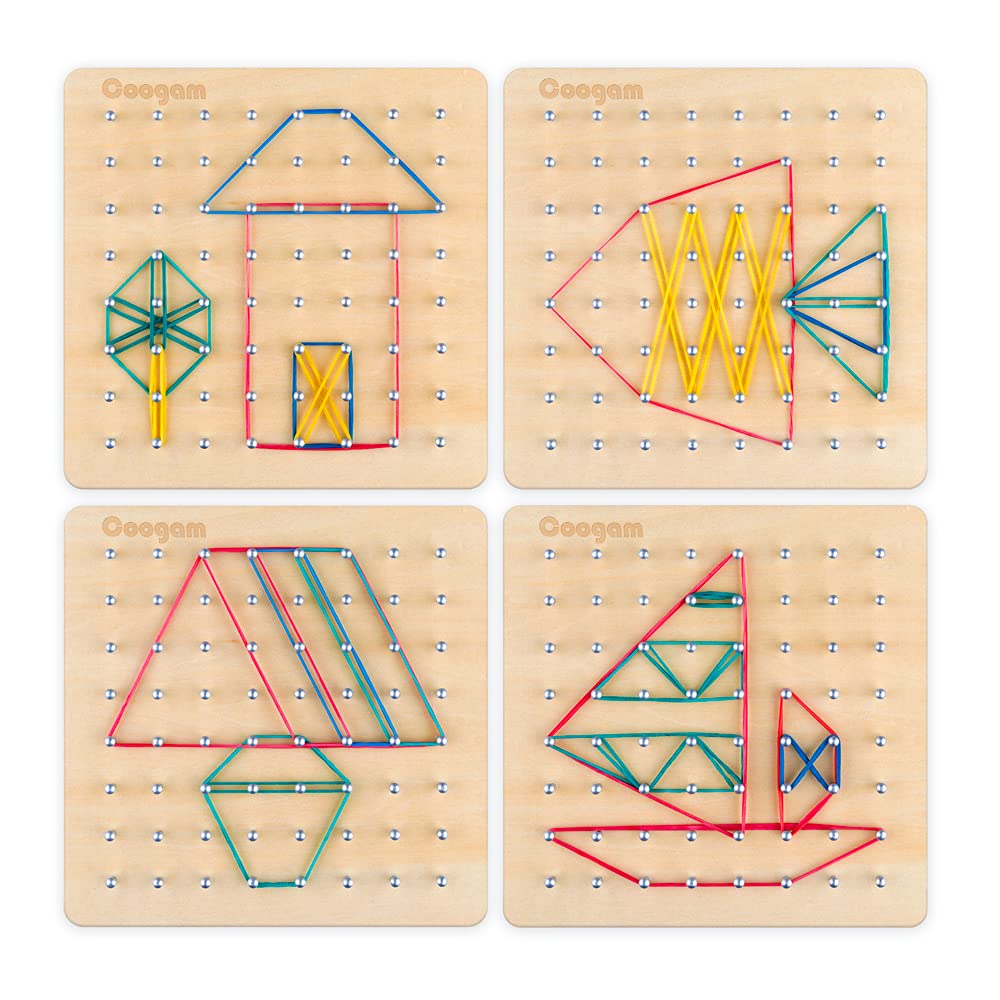 Coogam Wooden Geoboard - 8x8 STEM Puzzle with 30 Pattern Cards & Latex Bands, Multi-color Educational Toy for Kids