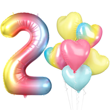 Biapian 40 Inch Rainbow Number 2 Balloons, 7Pcs Gradient Large 2Nd Birthday Balloons With 18'' Foil Heart Balloon Helium For 2Nd