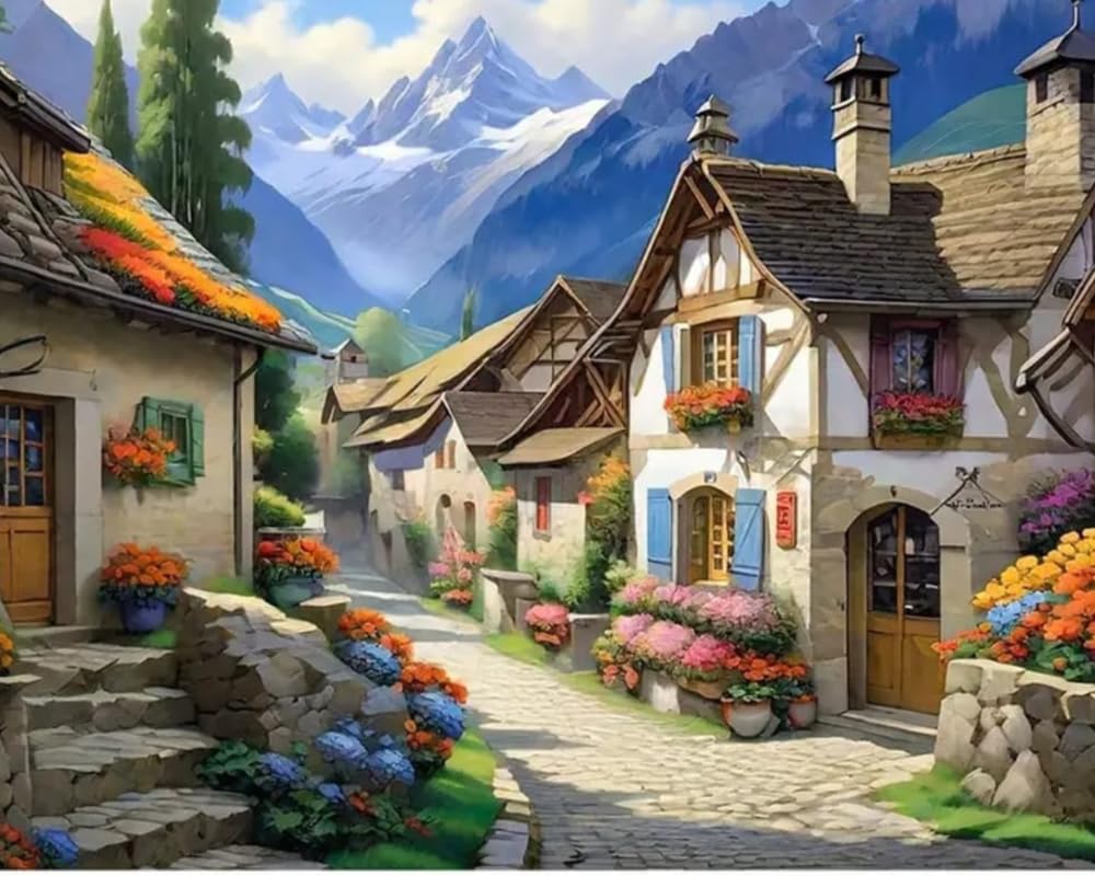 Tulip N Turtle Hill Side Village Diy Acrylic Paint By Number Kit For Adults Beginner Canvas Painting By Number Acrylic Painting.