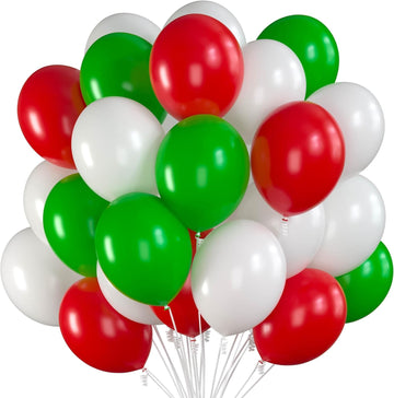 Prextex 75 Party Balloons 12 Inch Red, Green And White Balloons With Ribbon For Decorations Or Xmas Color Themed Party, Weddings, Baby Shower, Birthday Parties, Helium Quality