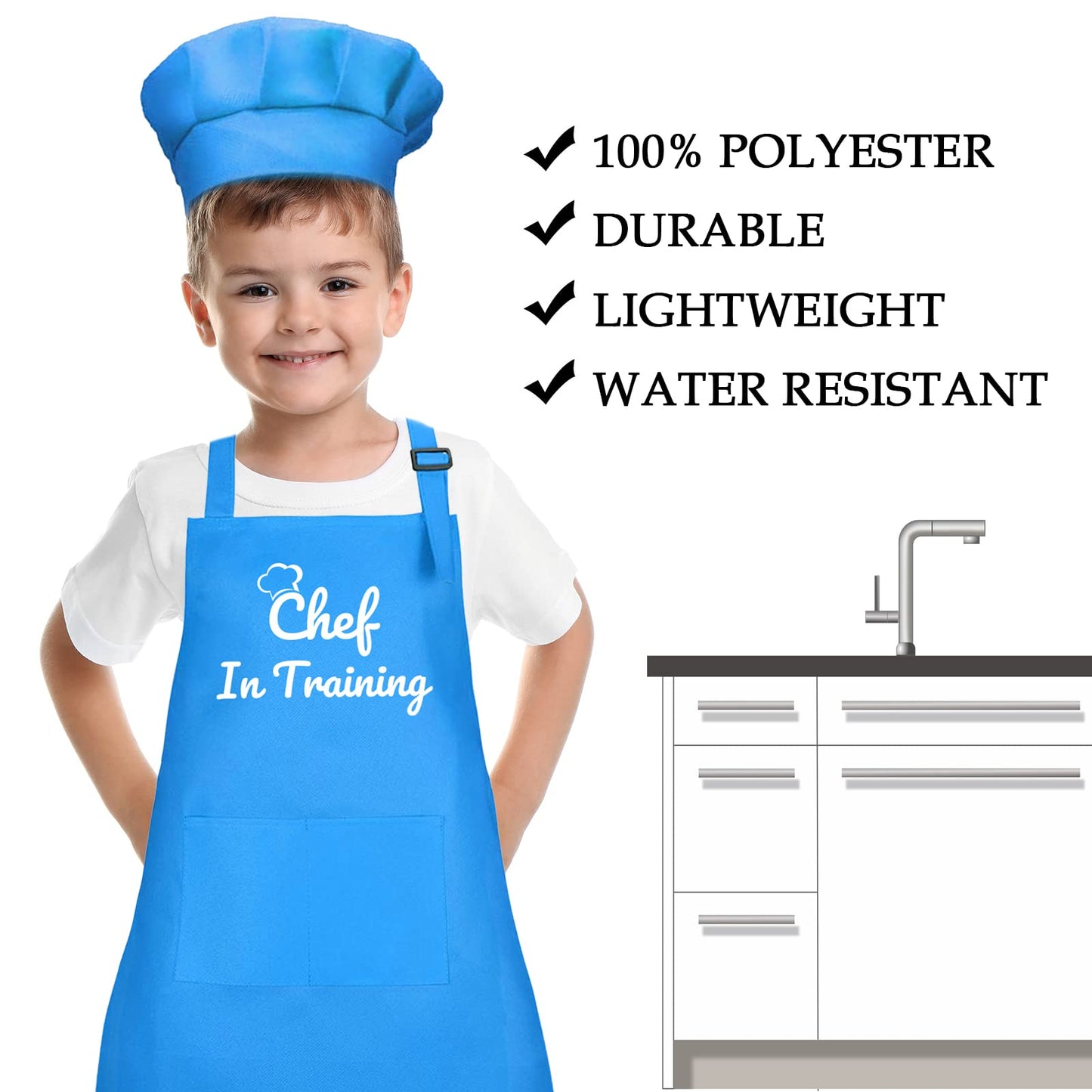 Kids Apron and Chef Hat Set, Chef in Training Funny Child Apron with 2 Pockets Children Adjustable for Boys Girl's Kitchen Cooki