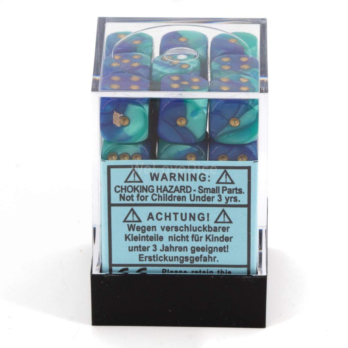 Chessex Dice d6 Sets: Gemini Blue / Teal with Gold - 12mm Six Sided Die (36) Block of Dice