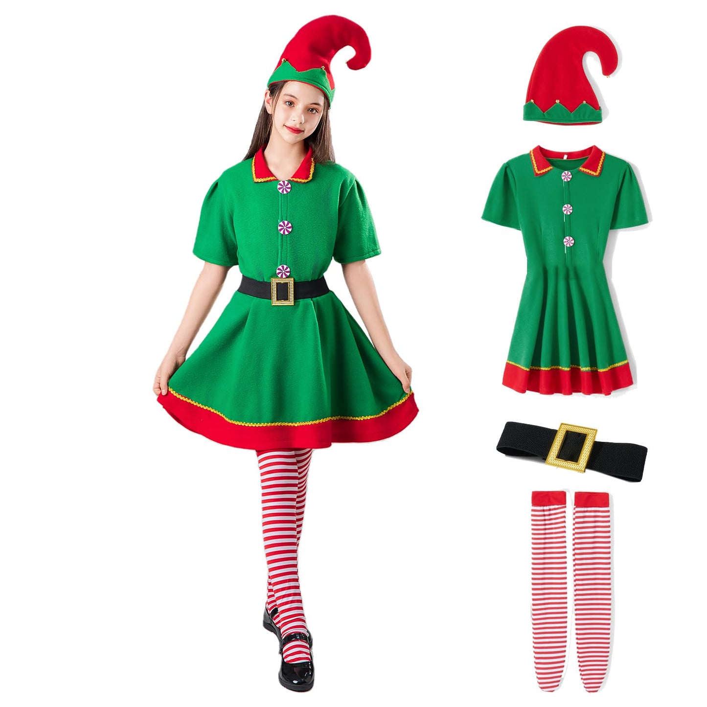 Muimray Christmas Elf Costume For Toddler Baby Boys Girls Santa Costume 4Pcs Set Cosplay Outfit Xmas Clothes Favors Gift (Girl,