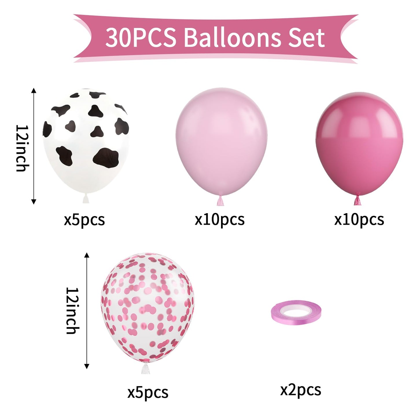 Paready Cow Balloons, 30Pcs Pink Cow Balloons 12 Inch Pink Confetti And Cow Print Balloons Hot Pink And Light Pink Latex Balloon