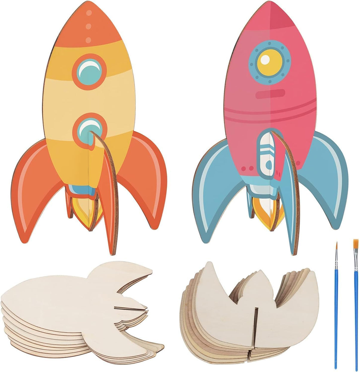 Haoser 10 Pcs 3D Wooden Rocket Craft Kit For Kids  Diy Painting Model Set For Boys & Girls, Space Theme Birthday Party Activity
