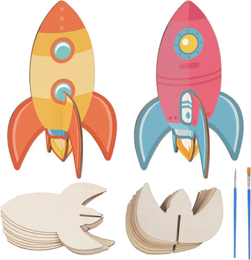 Haoser 10 Pcs 3D Wooden Rocket Craft Kit For Kids  Diy Painting Model Set For Boys & Girls, Space Theme Birthday Party Activity