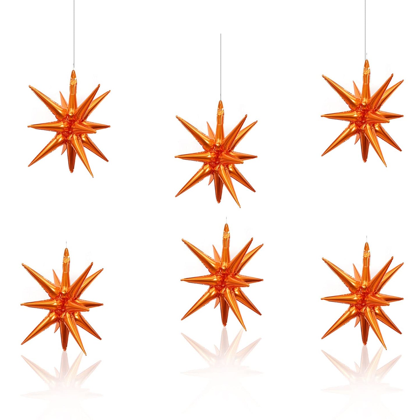 6 Pcs Orange Star Foil Balloons One-Piece 14-Pointed Star Balloons 4D Starburst Cone Mylar Balloons 22Inch Christmas Birthday We