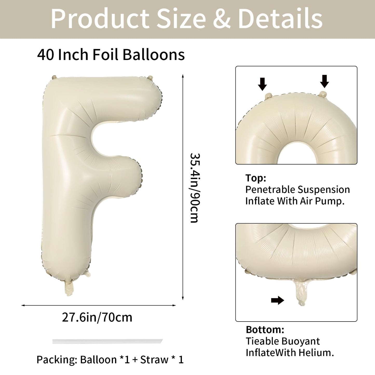Biapian 40 Inch Letter F Balloons, Giant Cream F Foil Balloon, Big Single Alphabet A-Z Balloons, Beige Large Aluminum F Balloons