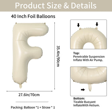 Biapian 40 Inch Letter F Balloons, Giant Cream F Foil Balloon, Big Single Alphabet A-Z Balloons, Beige Large Aluminum F Balloons