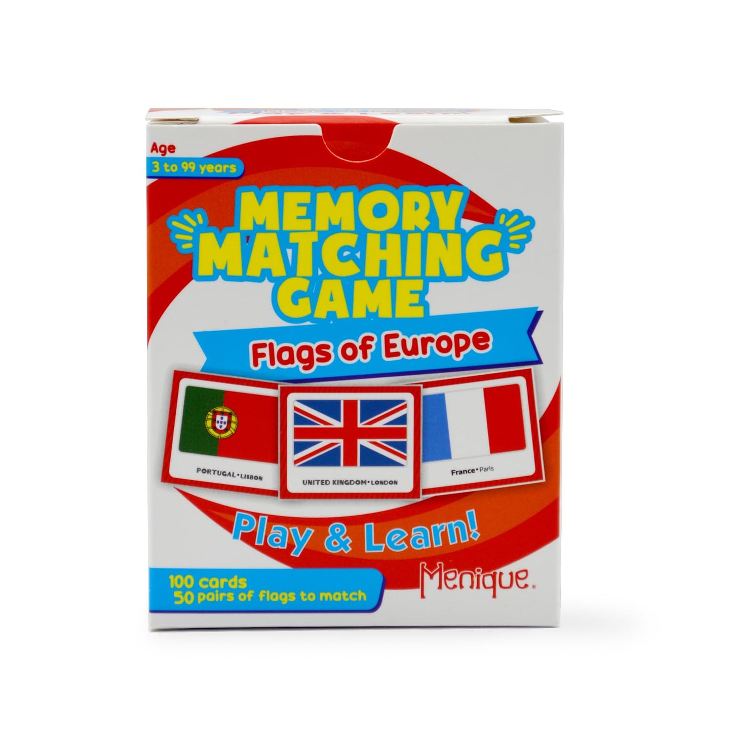 Menique Flags of Europe Memory Matching Game - 100 Cards (50 Pairs) with Flag, Country & Capital - Educational Geography Game fo