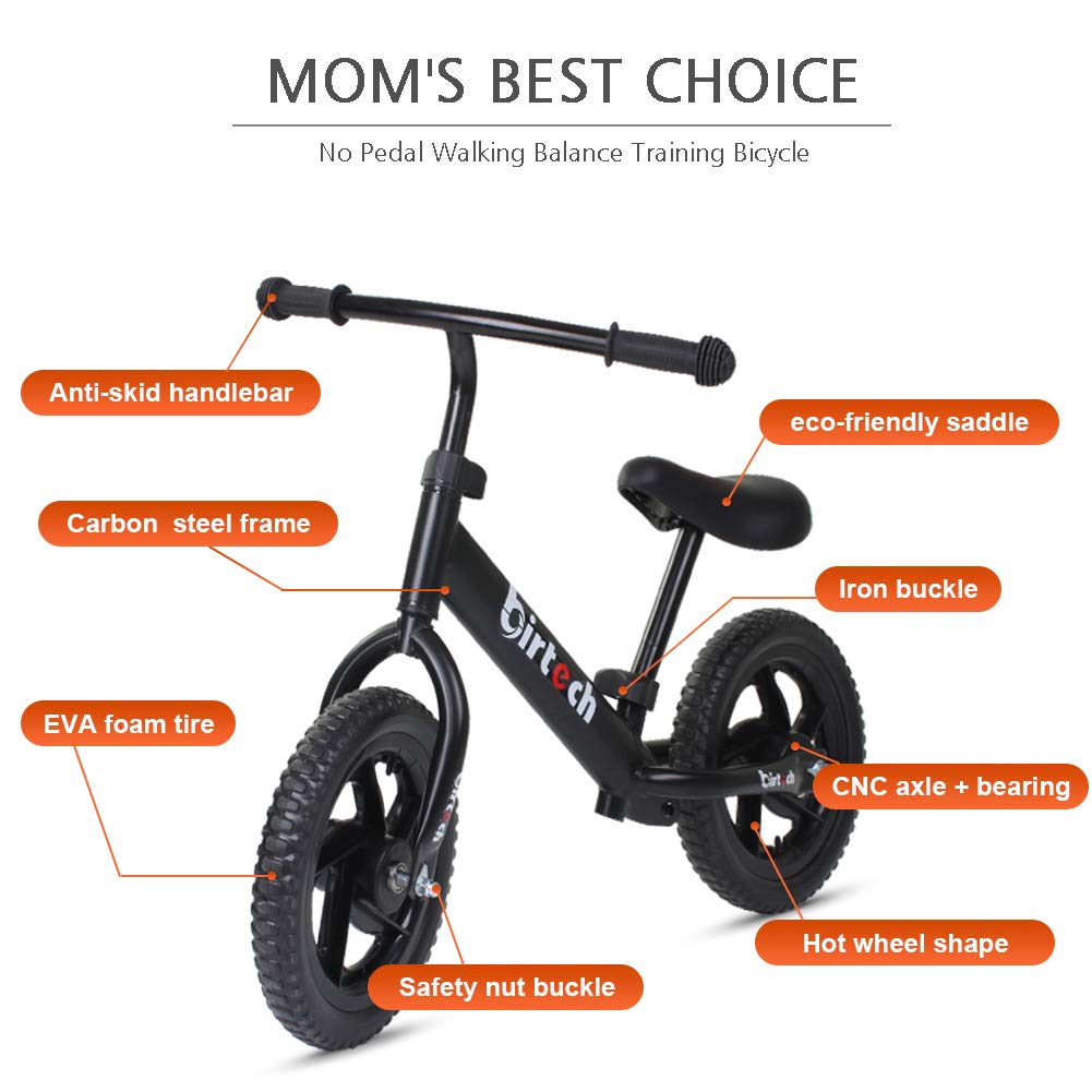 Birtech Balance Bike for Kids, 12" Carbon-Steel, Black, Adjustable Seat Height, No Pedal, Airless Tire, for Ages 2-5