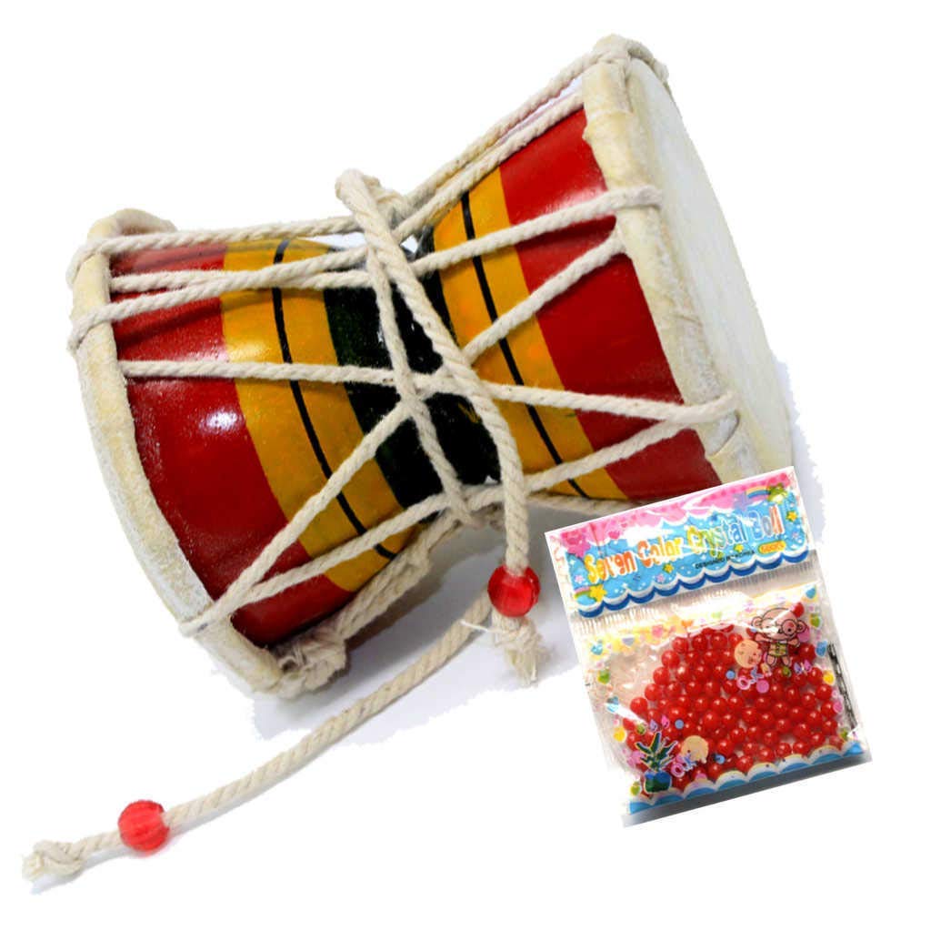 Yogic Mantra Shiv Damru Music Drum (Approx Size 3.5 X 4) Bundle With Water Beads Random Color Sample Pack  Handheld Monkey Da