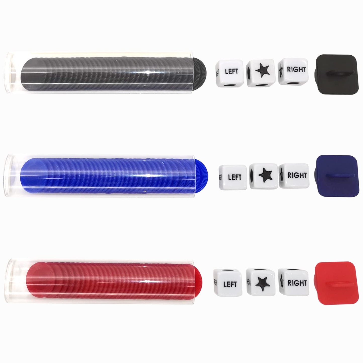 Ahoper Left Right Center Dice Game Prime Set Bundle With 3 Dices + 36 Chips. Round Tube Storage Is Very Convenient For Travel. Easy To Store, Carry Around. (3 Pack)