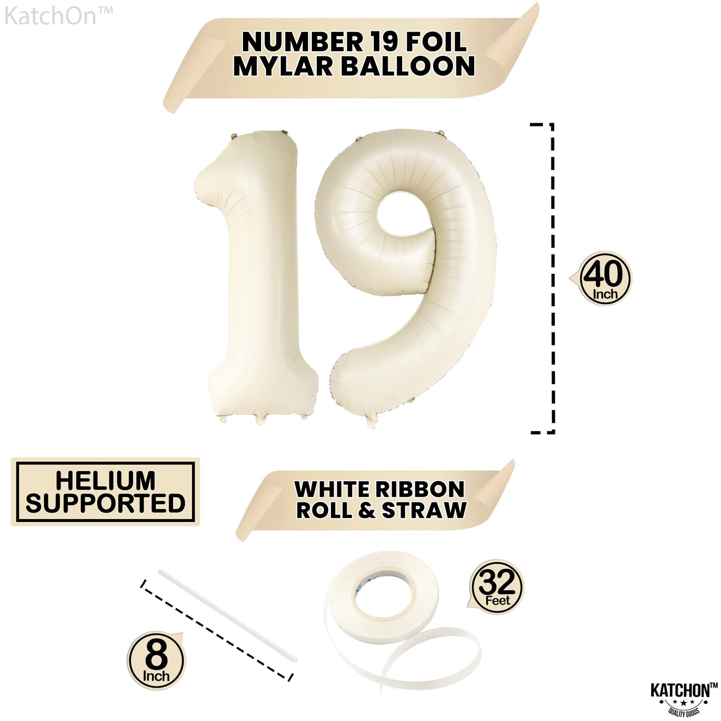 Katchon, Cream 19 Balloon Number - Huge, 40 Inch | 19 Balloons, 19Th Birthday Decorations | 19 White Balloons, 19 Birthday Decorations | 19 Cream Balloon | 19 Birthday Balloons | Number 19 Balloons