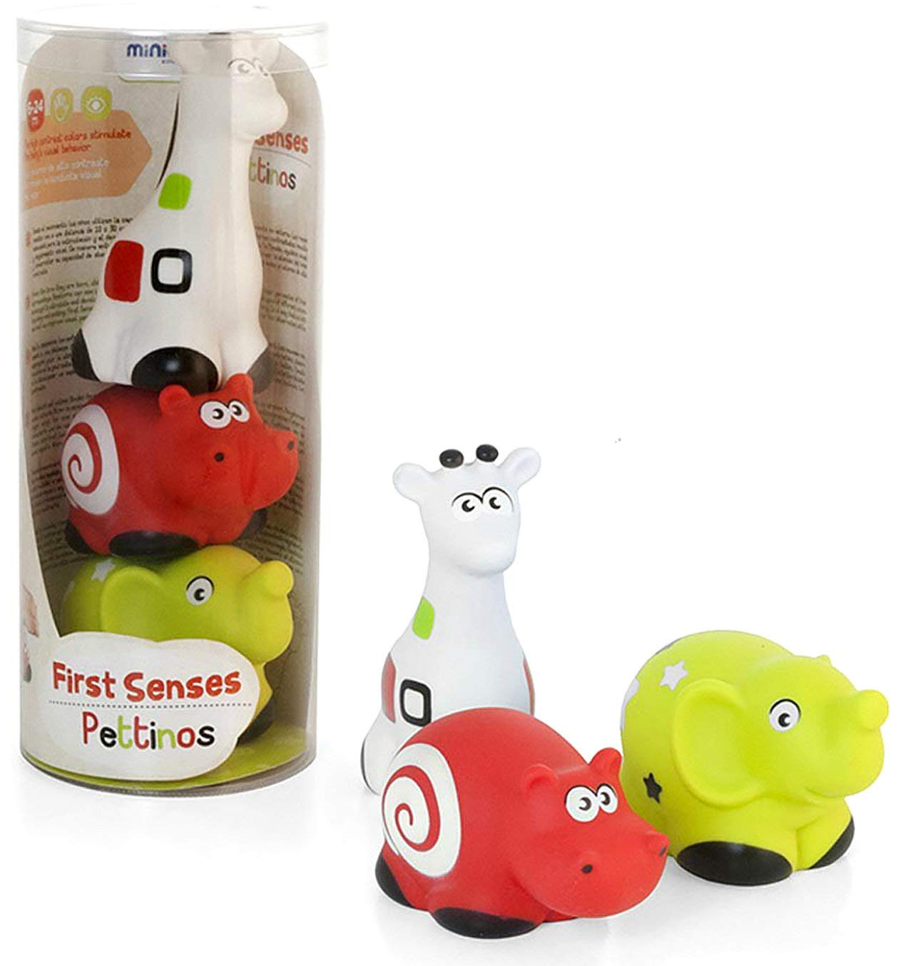 Miniland First Senses 3 Play Pets, Pure Natural Rubber Baby Teether, Soft Latex Toddler Bath Toy Fun, 6 Months To 2 Years, Easy Grip, Multi-Sensory Animals, Visual Patterns, Shapes, Soothing Teething