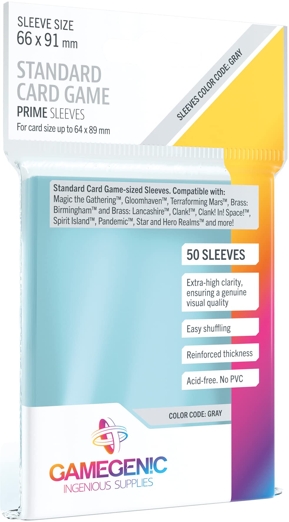 Prime Board Game Sleeves | Pack of 50 Extra-Clear Sleeves | 66 by 91 mm Card Sleeves Optimized for Use with Standard Card Games | enhanced Card Protection | FFG Gray Color Code | Made by Gamegenic