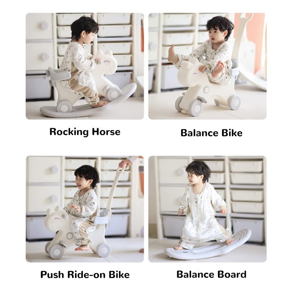 4 In 1 Rocking Horse For Toddlers 1-3 Years Old, Balance Bike Ride On Toys With Push Handle, Backrest And Balance Board For Baby Girl And Boy, Unicorn Kids Riding Birthday (White)