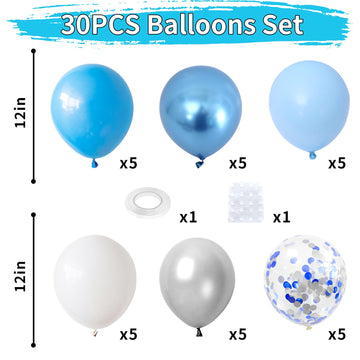 Blue Silver White Confetti Balloons Kit, Light Blue Metallic Blue Pastel Blue And Pearl Silver Birthday Balloons, Blue Silver Co