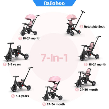 Bebehoo Tricycle Stroller for Toddler, 7-in-1 Foldable Bike, Aluminum, Pink, 27.9"x19.6"x38.9", Model T2-S