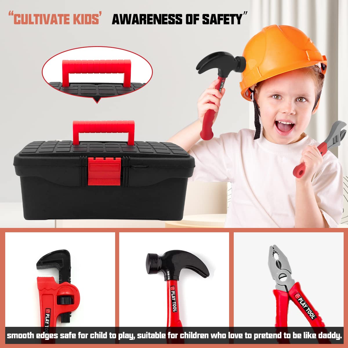 HYRENEE Kids Tool Set - 48 Piece Toddler Tool Set with Electronic Toy Drill& Tool Box,Pretend Play Toys for Kids,Construction Ki
