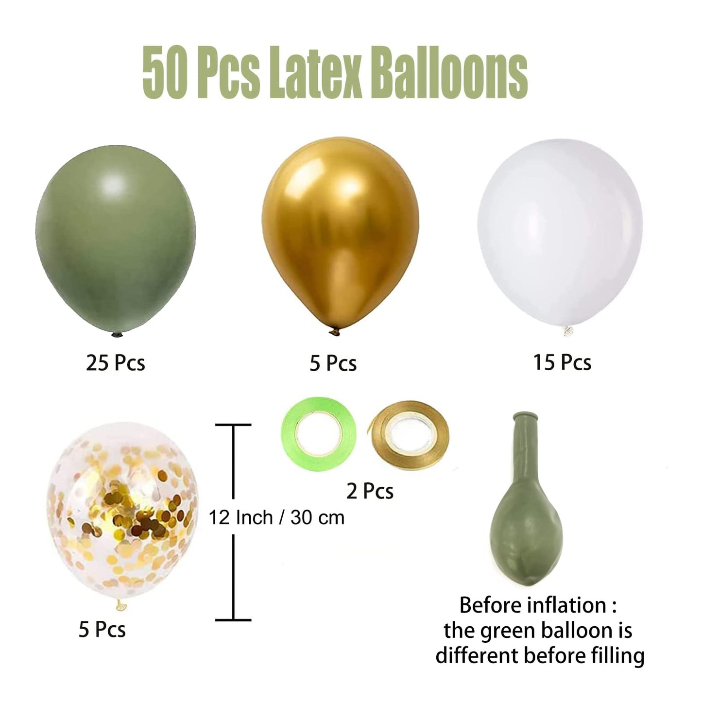 Sage Green Gold White Party Balloons, 50Pcs Sage Green And Gold Confetti Party Balloons For Birthday Baby Shower Engagement Wedd