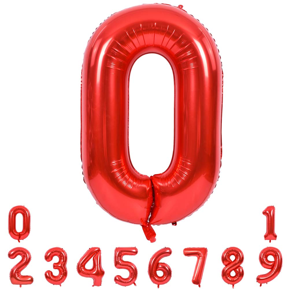 Toniful 40 Inch Red Large Numbers Balloons 0-9, Number 0 Digital 0 Helium Balloons, Foil Mylar Big Number Balloons For Birthday