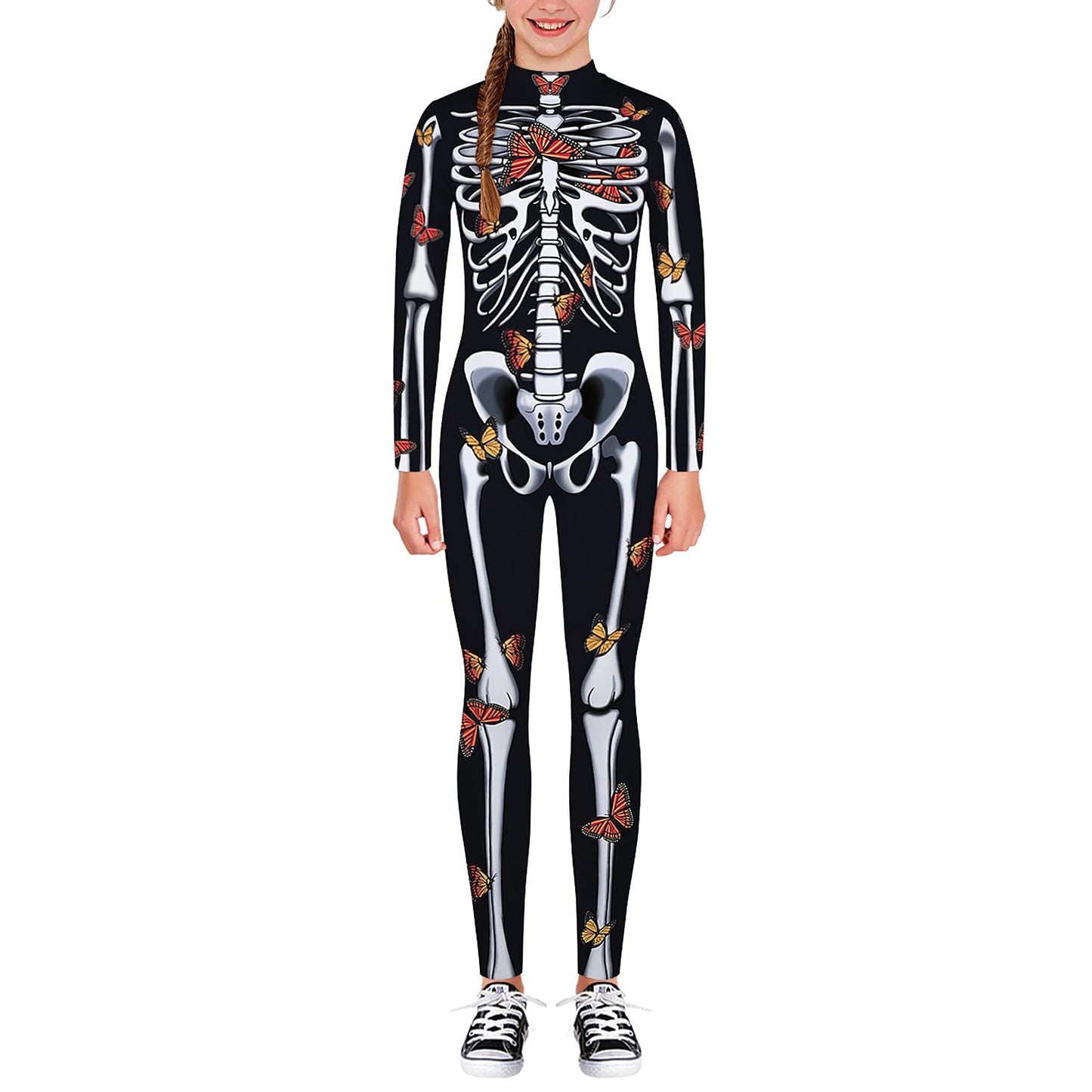 Remimi Kids Halloween Skeleton Bodysuit For Girl Zip Up Back Funny Cosplay Scary Skeleton Costume Butterfly 11-12 Years