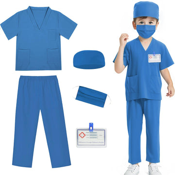 Mizzuco Doctor Costume For Kids,Toddler Nurse Scrubs Halloween Dress Up Cosplay For Boys Girls 3-12 Years (Blue, L-130Cm/5-6Yrs)